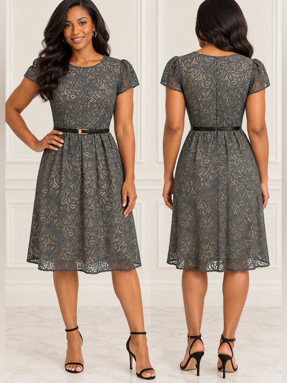 LOFT Gray Floral Lace Fit & Flare Dress Size 2 Puff Sleeve Cocktail Wedding